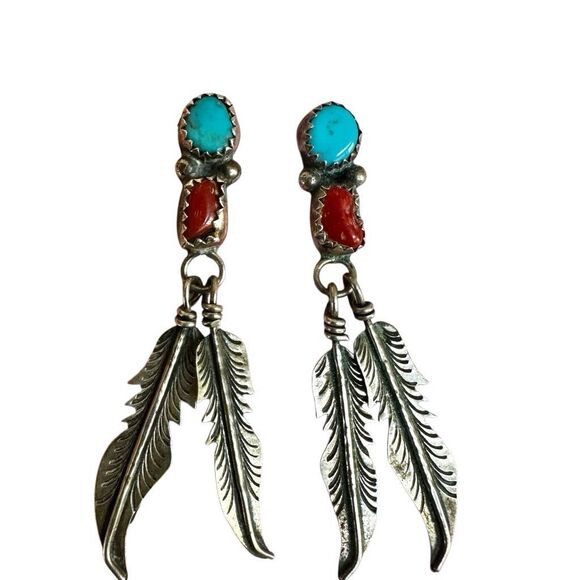 Vintage Sterling Silver Turquoise & Coral Feather Dangle Earrings - Picture 8 of 9